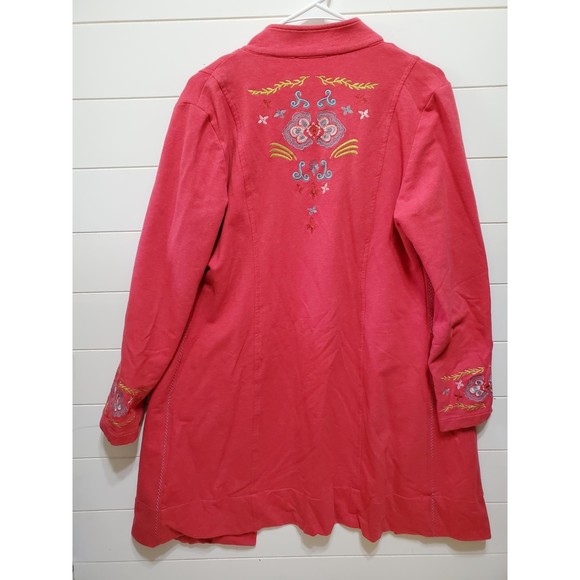 womens size Medium kimono jacket red with floral embroidery boho button up long - Picture 2 of 3